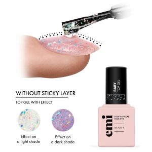 Tops EMI E.MiLac Baby Top Gel, 9 ml, ar spīdumiem bez lipīgā slāņa